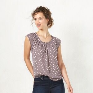 LC Lauren Conrad Womens Cap Sleeve Polka Dot Pleated Ruffle Blouse Taupe Size M